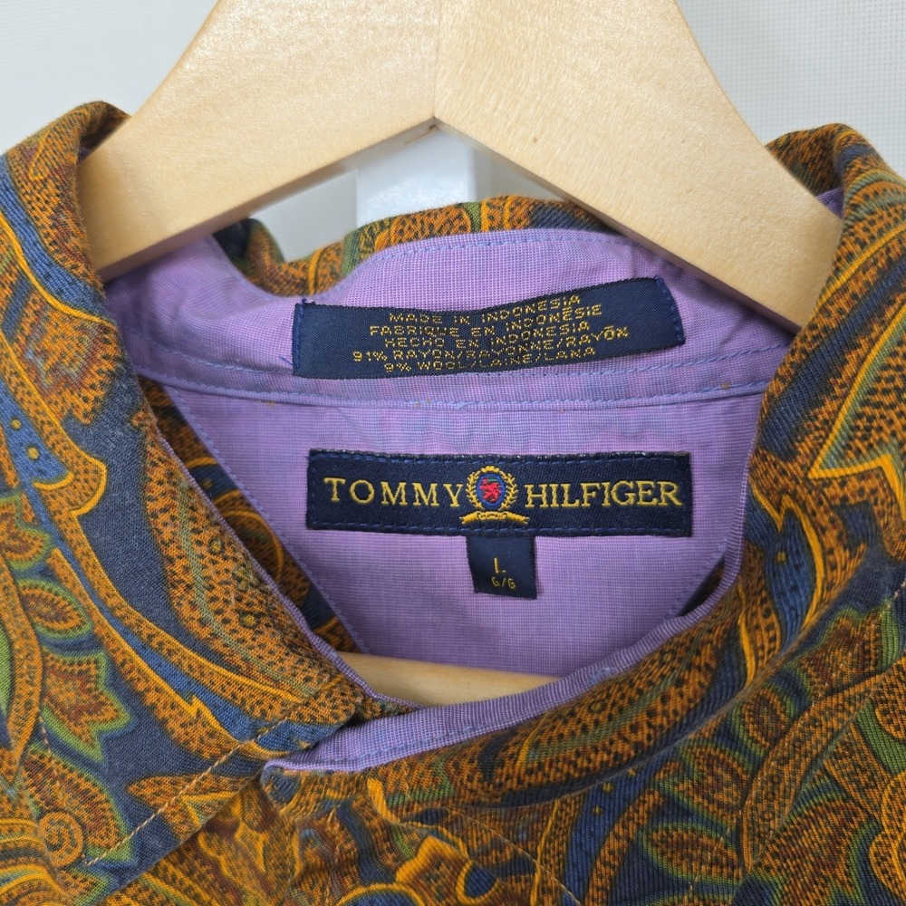 Tommy Hilfiger Mens Large Paisley Button Down Shirt Gold Blue Rayon Wool Blend - Picture 2 of 7